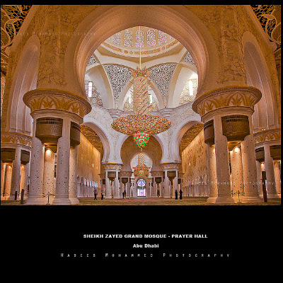 Sheikh Zayed Grand Mosque in Abu Dhabi is the largest mosque in the United Arab Emirates and the eighth largest mosque in the world. It is named after Sheikh Zayed bin Sultan Al Nahyan, the founder and the first President of the United Arab Emirates, who is also buried there.The design of the Sheikh Zayed Mosque has been inspired by both Mughal and Moorish mosque architecture, particularly the Badshahi Mosque in Lahore and the Hassan II Mosque in Casablanca being direct influences.The Sheikh Zayed Mosque made some world records:The carpet laid out on the vast expanse is the "World's Largest Carpet" made by Iran's Carpet Company. This carpet measures 5,627 m2 (60,570 sq ft). The weight of this carpet is 47 tons 35 tons of wool, and 12 tons of cotton. There are 2,268,000,000 knots within the carpet.This mosque also holds the largest chandelier. There are seven imported chandeliers from Germany made by Swarovski and are copper and gold-plated. The largest chandelier has 5114747198.jpg