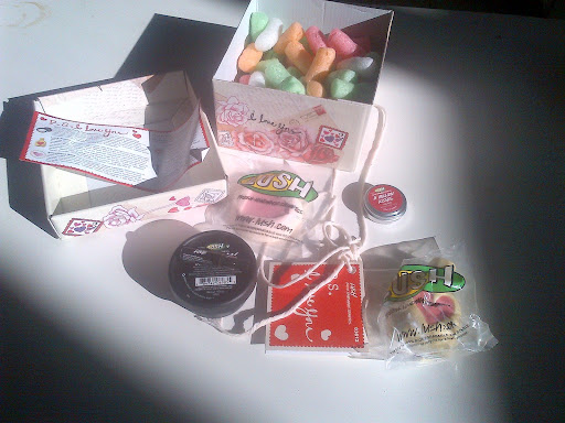 The P.S. I Love You gift box, $34.95, contains a Love Potion massage bar; A Million Kisses lip tint; Ro's Argan body conditioner; 2 ml of Love perfume; and a Sweetheart soap. Available at lushusa.com.