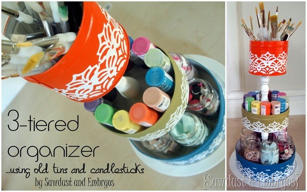 3-Tiered Organizer... using old tins and candlesticks! {Sawdust and Embryos}