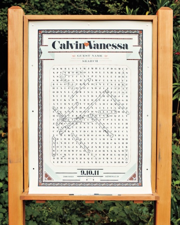 In lieu of signing a guest book, partygoers circled their names in a giant word search made by the bride's brother and mounted on an easel. In lieu of signing a guest book, partygoers circled their names in a giant word search made by the bride's brother and mounted on an easel.