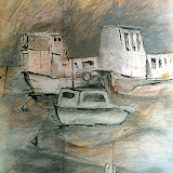 Le Quai de marin à Iława 2000; kolaż rysunkowy / collage de dessin; 100x70 cm