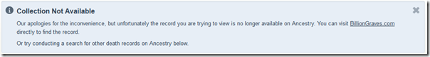 Ancestry.com error message for BillionGraves records