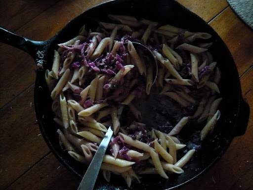 Weeknight dinner pasta. Shredded 1/2 red cabbage, onion, garlic, bacon, chili flakes, lemon rind, currants. Deglaze w/ red wine vinegar and sauce it up w/ pasta water, milk and grated Parm. Toss w/ Penne (made 2 pounds).