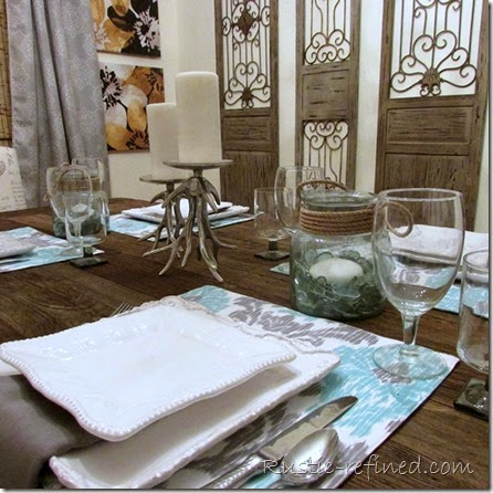 Setting a Beach inspired Tablescape @ Rustic-refined.com This tablescape was inspired by the temperatures outside. Using cool colors of water and a cold grey sky, I set a modern yet beachy table