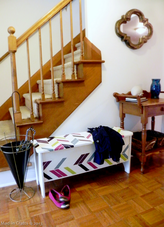 stenciled storage bench in entryway stenciled storage bench in entryway