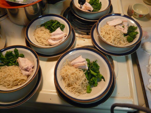 Chinese Egg Noodle Soup: chicken, Chinese broccoli, egg noodles awaiting broth, poached eggs and sriracha. Chinese Egg Noodle Soup: chicken, Chinese broccoli, egg noodles awaiting broth, poached eggs and sriracha.
