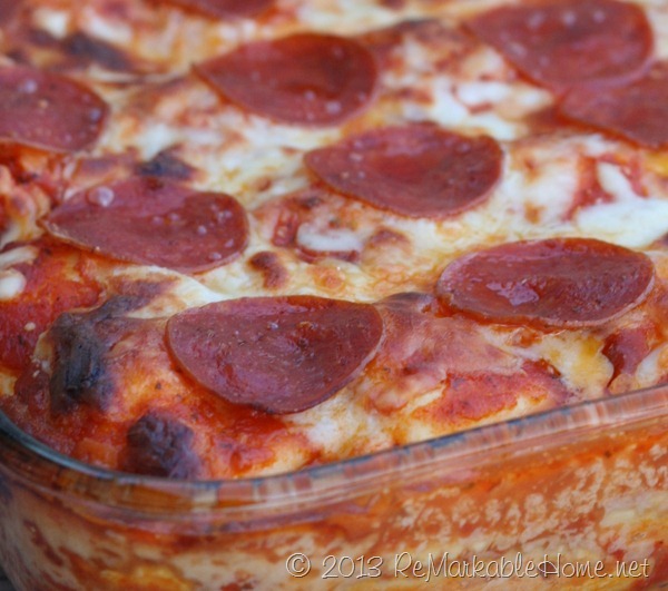 Ravioli Strata Lasagna topped with Crispy Pepperoni {ReMarkableHome.net}
