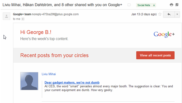 Google Plus weekly digest emails