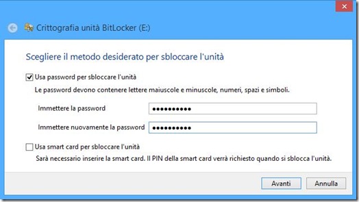 BitLocker Scegliere metodo desiderato per sbloccare l’unità BitLocker Scegliere metodo desiderato per sbloccare l’unità