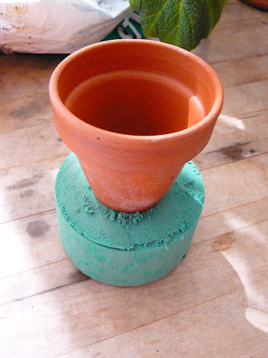 I used oasis in the clay pot instead of potting mix. Oasis is a water absorbent foam that florist for making arrangements. I used the bottom of the pot to measure the diameter I needed.