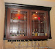 Lead came, custom fused and beveled amber with red glass accents in a private residence in San Jose, CA.