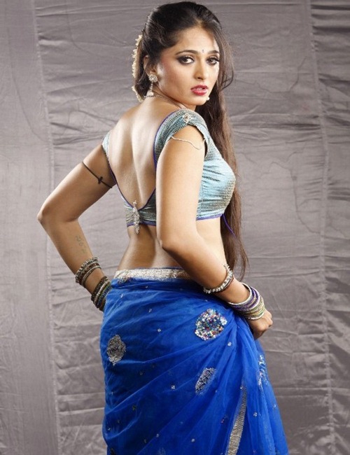 Anushka Backless Wallpapers | Anushka Hot Romantic Blue Saree Wallpapers
