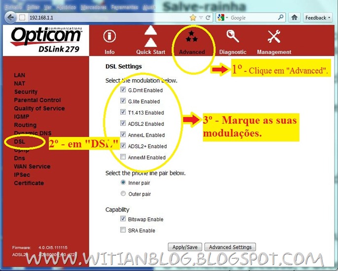Configurando e roteando o modem roteador OPTICOM DSLink 279 para conectar automaticamente na internet VELOX - 4 - witian blog