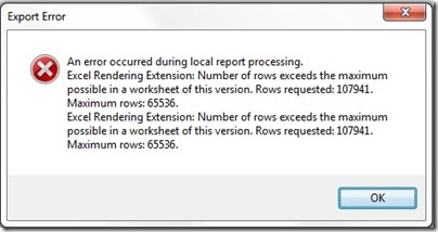 Max rows error in excel SSRS