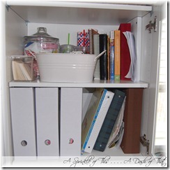Shelf before magazine holder makeover{A Sprinkle of This . . . . A Dash of That}