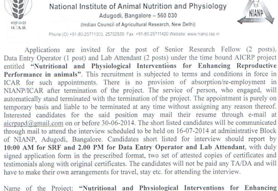 NIANP Animal Physiology SRF Walk Ins