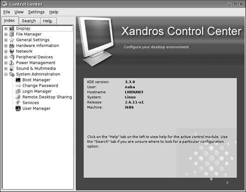You can perform many sysadmin tasks from the Xandros Control Center