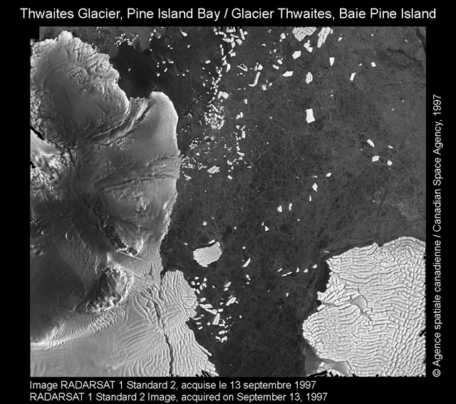 The image shows Bear Peninsula, Smith Glacier and a portion of Thwaites Glacier located in Pine Island Bay (106W, 75 S) on 13 September 1997. This region was first mapped during the late 1940's as part of Operation High Jump which included participation by Admiral Byrd. Thwaites Glacier drains about 7% of the interior east Antarctic ice sheet. It reaches a velocity of almost 3 km /yr. www.asc-csa.gc.ca