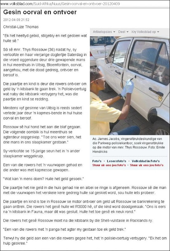 ROSSSOUW Thys fiancee and 4yr daughter kidnapped from UITSIG Bloemfontein Townhouse survive April72012 ROSSSOUW Thys fiancee and 4yr daughter kidnapped from UITSIG Bloemfontein Townhouse survive April72012