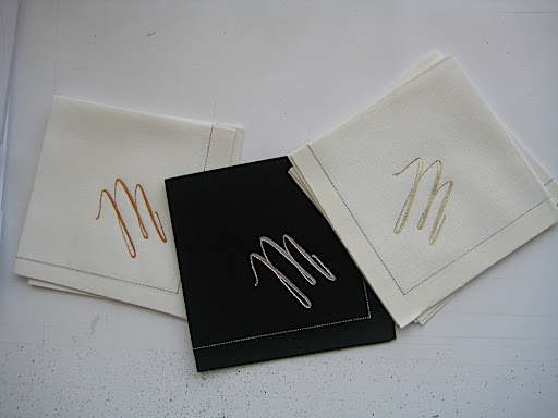 ForYourParty.com also made three color combos for the cloth cocktail napkins. Copper on white, silver on black, and gold on white. Hard to choose!