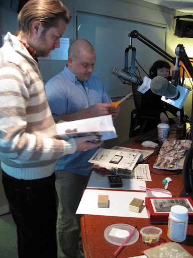 Sirius XM online editor Scott Frampton, left, and Living Today engineer Chris Hauselt set about finding inspiration for their decoupage. Maura Madden, right, is our crafting mistress.