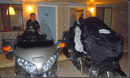 Bill and Gary putting their Goldwings to bed in Mountain Home, AR