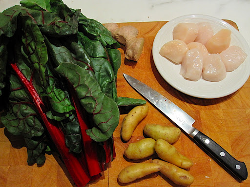 I used 5 ingredients: potatoes, scallops, Swiss chard, ginger, and olive oil. Plus salt and pepper!