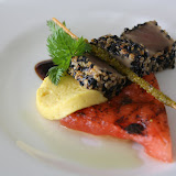 Combination of Sesame crusted Yellow Fin Tuna, grilled Water Melon and Capsicum Parfait