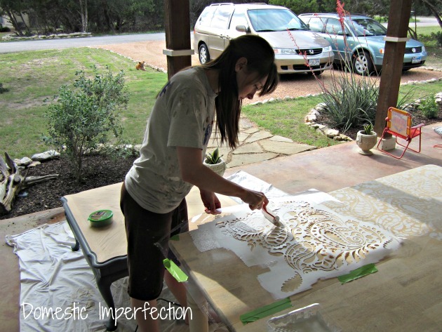 before stenciled table makeover
