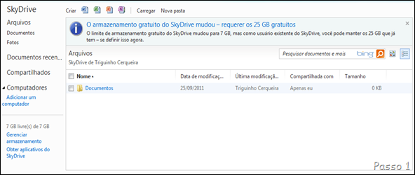 Na tela inicial do Skydrive (site), clique em “O armazenamento gratuito do Skydrive mudou – requerer os 25 GB gratuitos”. Na tela inicial do Skydrive (site), clique em “O armazenamento gratuito do Skydrive mudou – requerer os 25 GB gratuitos”.