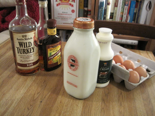 what you'll need: bourbon, dark rum, brandy, whole milk, heavy cream, egg yolks & sugar.