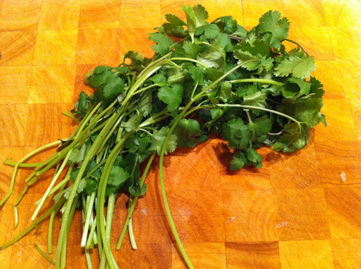 Half a bunch of cilantro, before the stems were removed. The herb adds tons of flavor and a pretty, vibrant green color.