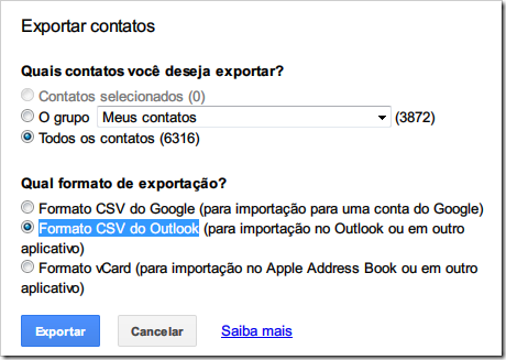Exportar contatos Exportar contatos
