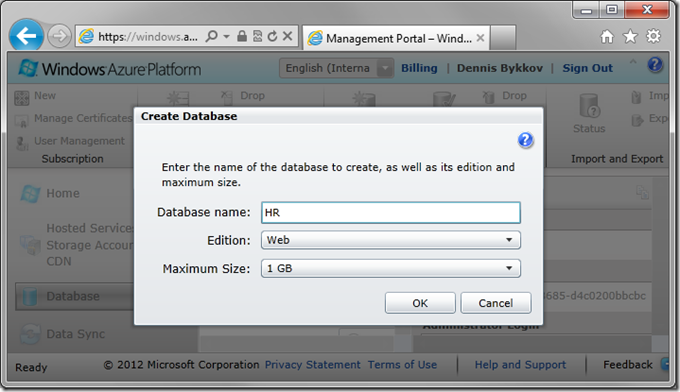 Database name of 'HR' on Create Database screen of Windows Azure Platform