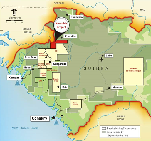 Bauxite mining concessions and area covered by exploration permits in Guinea, Africa. Graphic: Alliance Mining Commodities Limited (AMC)