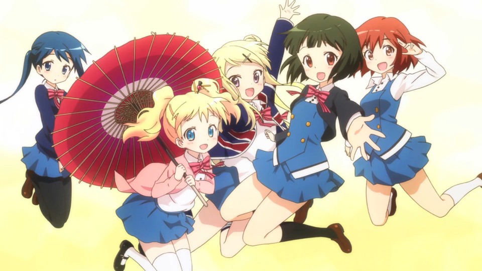 The main cast in school outfits jumping happily all together