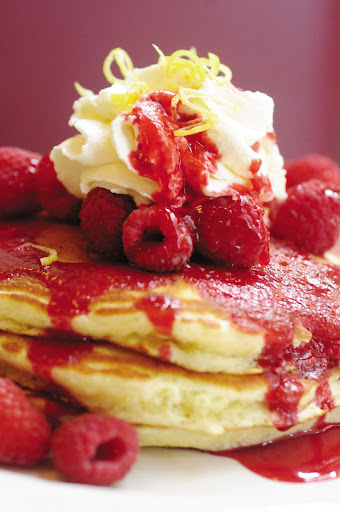 Raspberry Pancakes with Whipped Lemon Cream