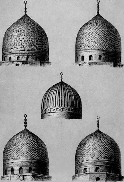 Stone as opposed to brick is the underlying theme in this set of domes. The central dome displays an interpretation of functional brick ribs into architectonic stone ones. Further developments, particularly zigzagged designs, lighten solid stone ribs with changes of direction at vertical joints, (9) Sultan Barsbay, Khanqa mausoleum (1432): (10) Emir Qunqmas (1506); (I I) Emirlnal al-Yusufi (1392-93); (12) Emir Ganibak at the madrasa (1426-27); and (13) Khanqa of Faraj ibn Barquq (141 I).