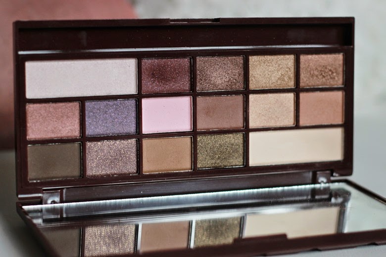 makeup revolution i heart chocolate eyeshadow palette too faced chcolate bar review dupe swatch