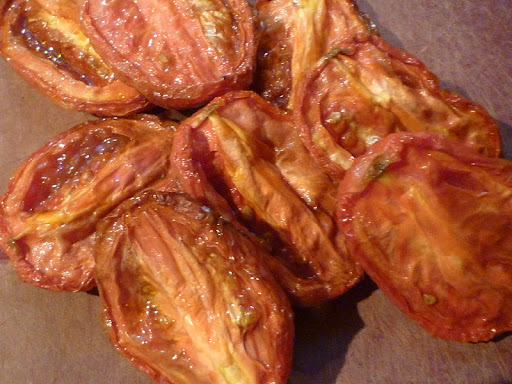 Slow-roasted plum tomato halves.