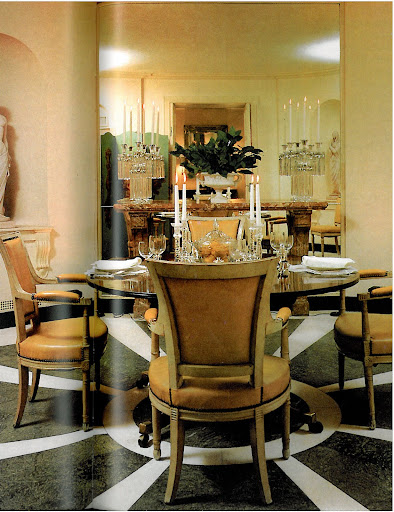 Eleanor Brown's own dining room on Sutton Place, NYC, is simple and elegant. I love the color choices, crystal candelabras and marble accents.