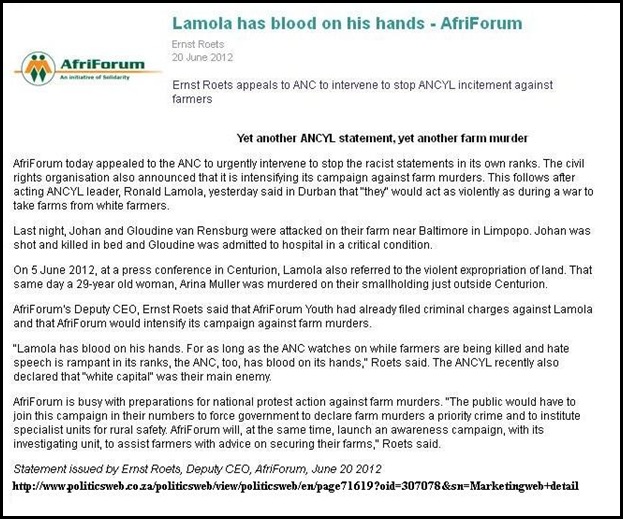 ANC LAMOLA BLOOD ON HANDS WAR DECLARATION AGAINST FARMERS AFRIFORUM STATEMENT BLOOD ON HANDS JUNE20 2012 ERNST ROETS ANC LAMOLA BLOOD ON HANDS WAR DECLARATION AGAINST FARMERS AFRIFORUM STATEMENT BLOOD ON HANDS JUNE20 2012 ERNST ROETS