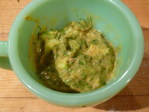 Cucumber, mustard, and dill relish.