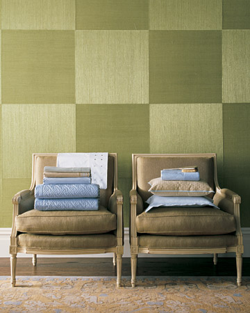 A grass-cut wall covering (cut into squares, with the pattern hung vertically and horizontally to achieve a checkerboard effect) creates a bedroom that is seductive yet not overwhelming. A grass-cut wall covering (cut into squares, with the pattern hung vertically and horizontally to achieve a checkerboard effect) creates a bedroom that is seductive yet not overwhelming.