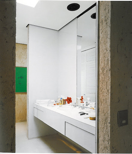 This bathroom design is very reminiscent of the master bath in my new apartment. Like this structure, my sink has a lot of unused space underneath. I'm thinking about turning it into storage.