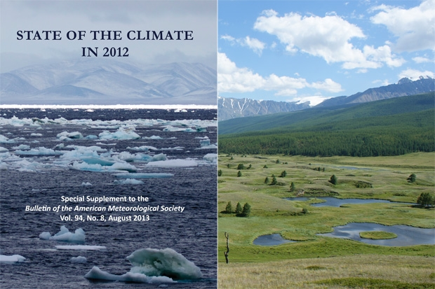 Wrangel Island, Chukchi Sea, in the early morning (left). Trees take hold as permafrost thaws near the Altai Mountains in Russia (right). These photos are from the covers of the 2012 State of the Climate Report, edited by scientists from NOAA's National Climatic Data Center and published in the Bulletin of the American Meteorological Society. Photo: Kate Stafford and Sergey Kirpotin / Tomsk State University / Terry Callaghan / EU-Interact