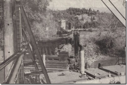 Dredge stopping Portland & Western Railroad Freight Train at Clatskanie River Swing Bridge in Clatskanie, Oregon in 1998