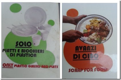 Solo piatti e bicchieri di plastica (only plastic glasses and plats) / Avanzi di cibo (scrap for food)