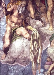 c0 Bartholomew holding the knife of his martyrdom and his flayed skin. The face of the skin is Michelangelo's