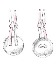Using tweezers, gently tug up on knot where indicated above and slide knot so it's about 1 1/2 inches from the button. (The back of the knot will resemble the one far left; the front will resemble far right.) Use tweezers to tighten knot. Pin it to foam board, and secure. Continue adding evenly spaced knots.